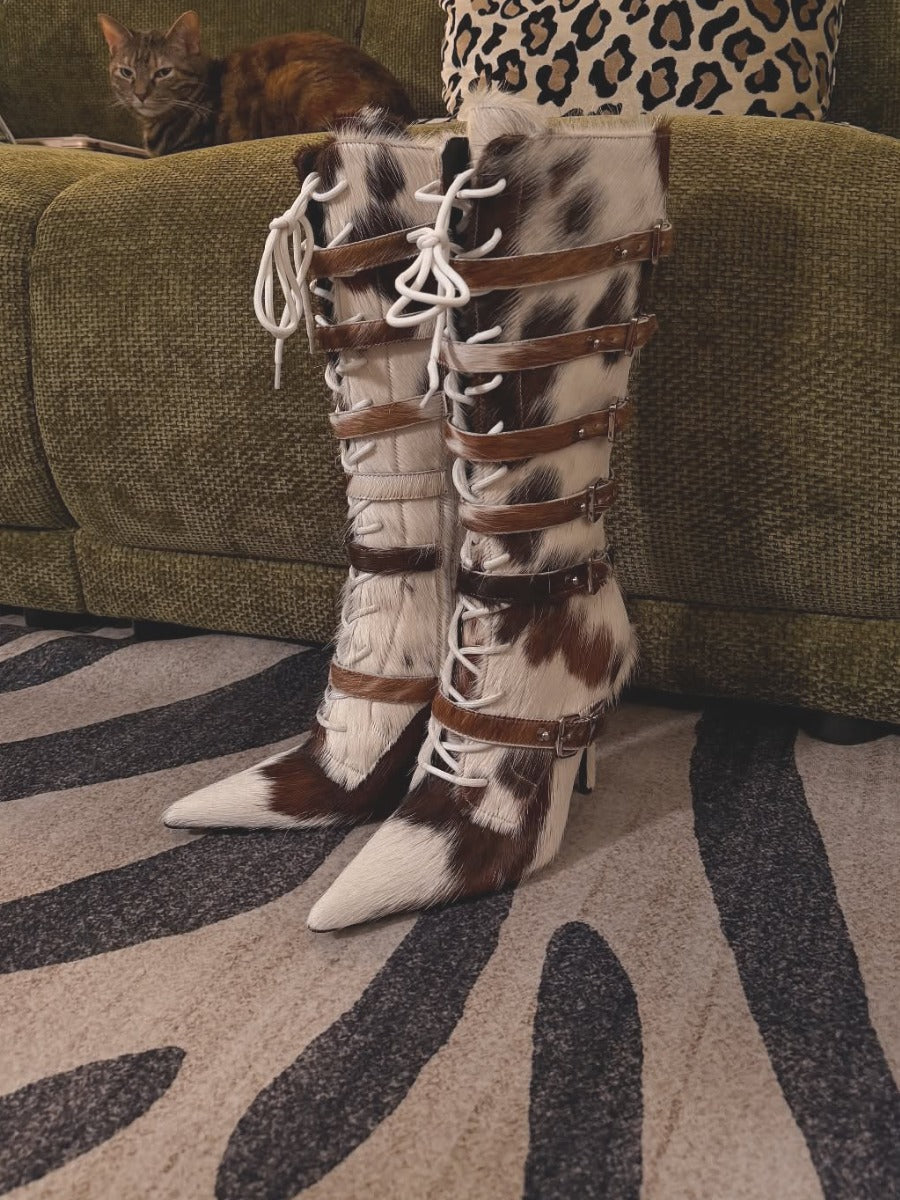 Adjustable Buckle Cowhide Boots Pumps