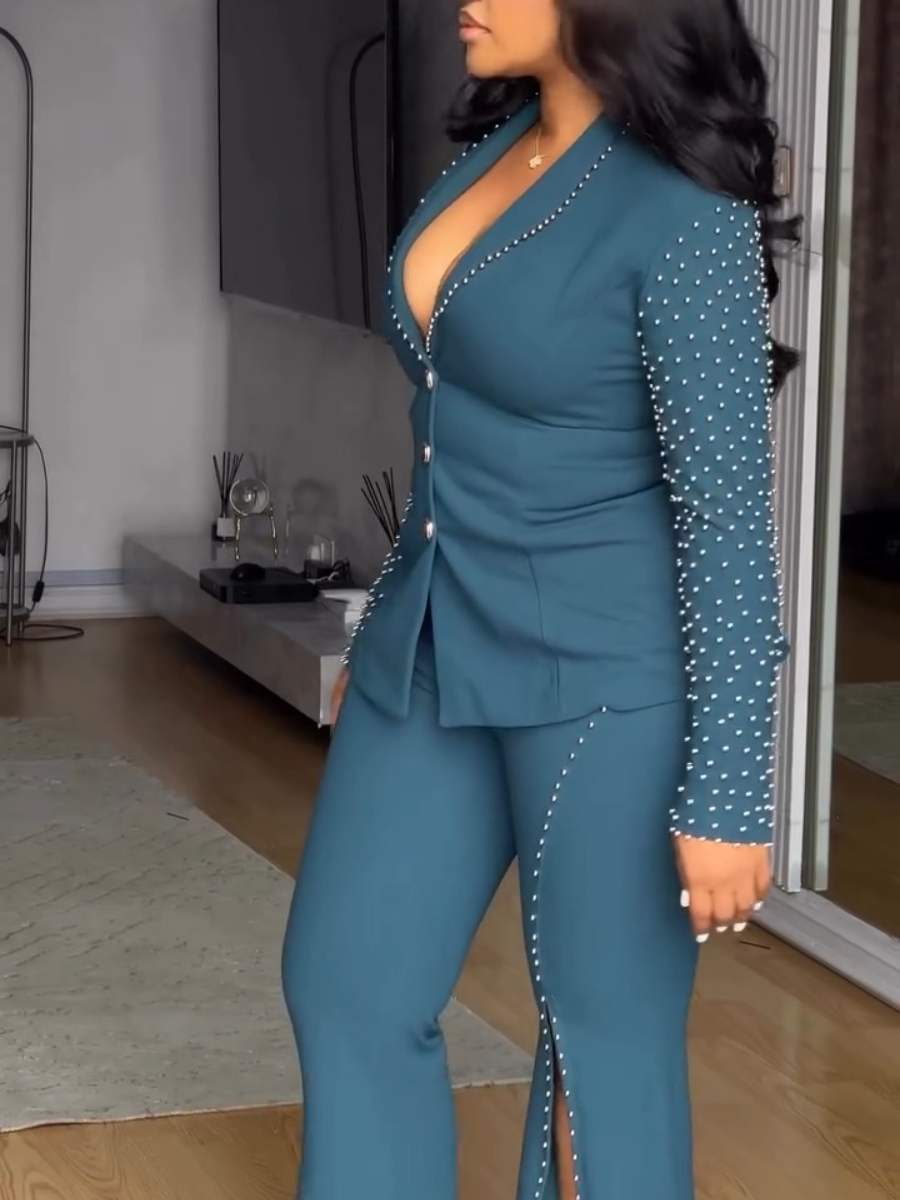Retro Sexy V-Neck Beads Long Sleeves & Splits All-Match Straight Pants Set