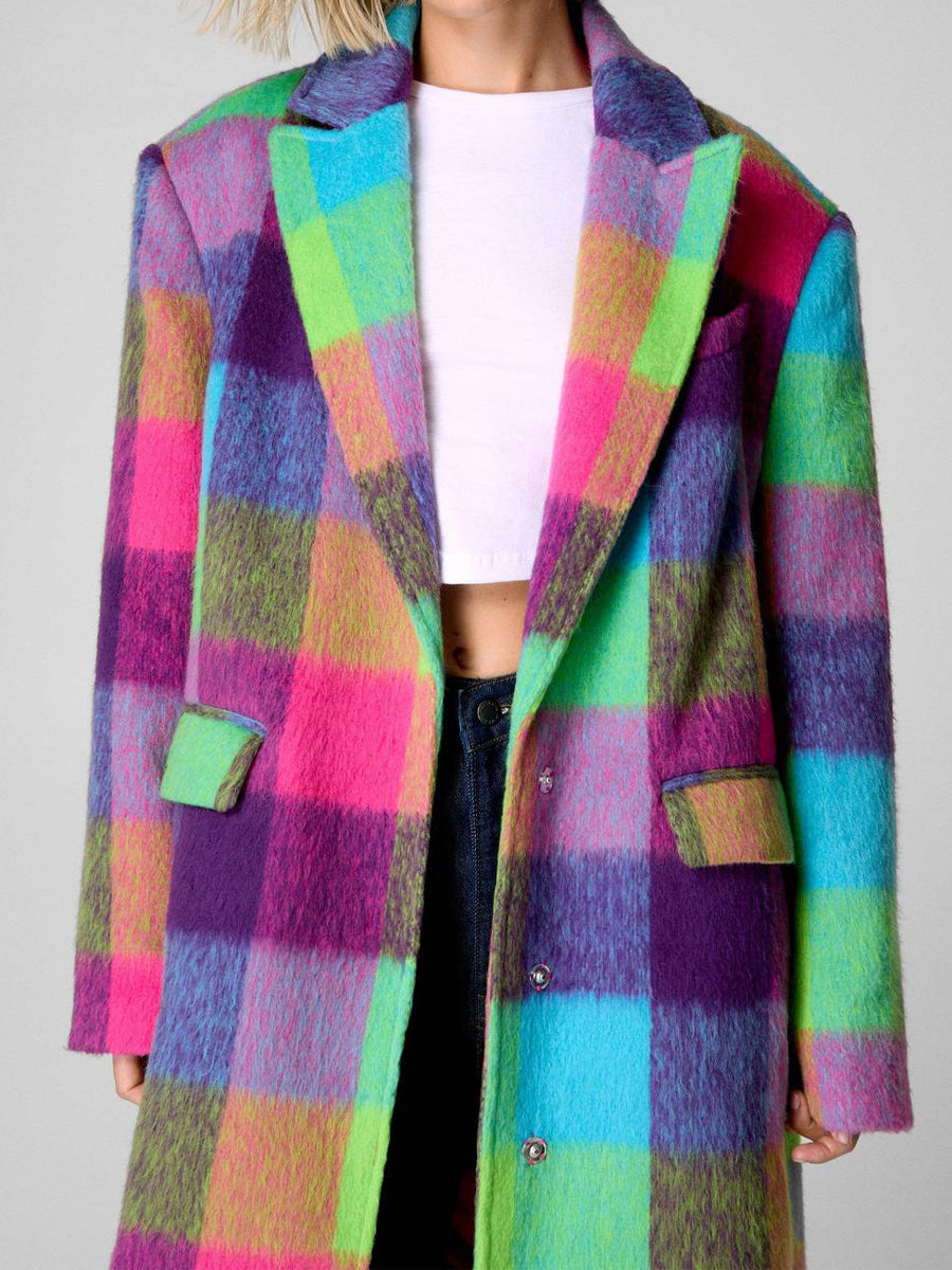 Multi Check Single Breasted Oversized Coat