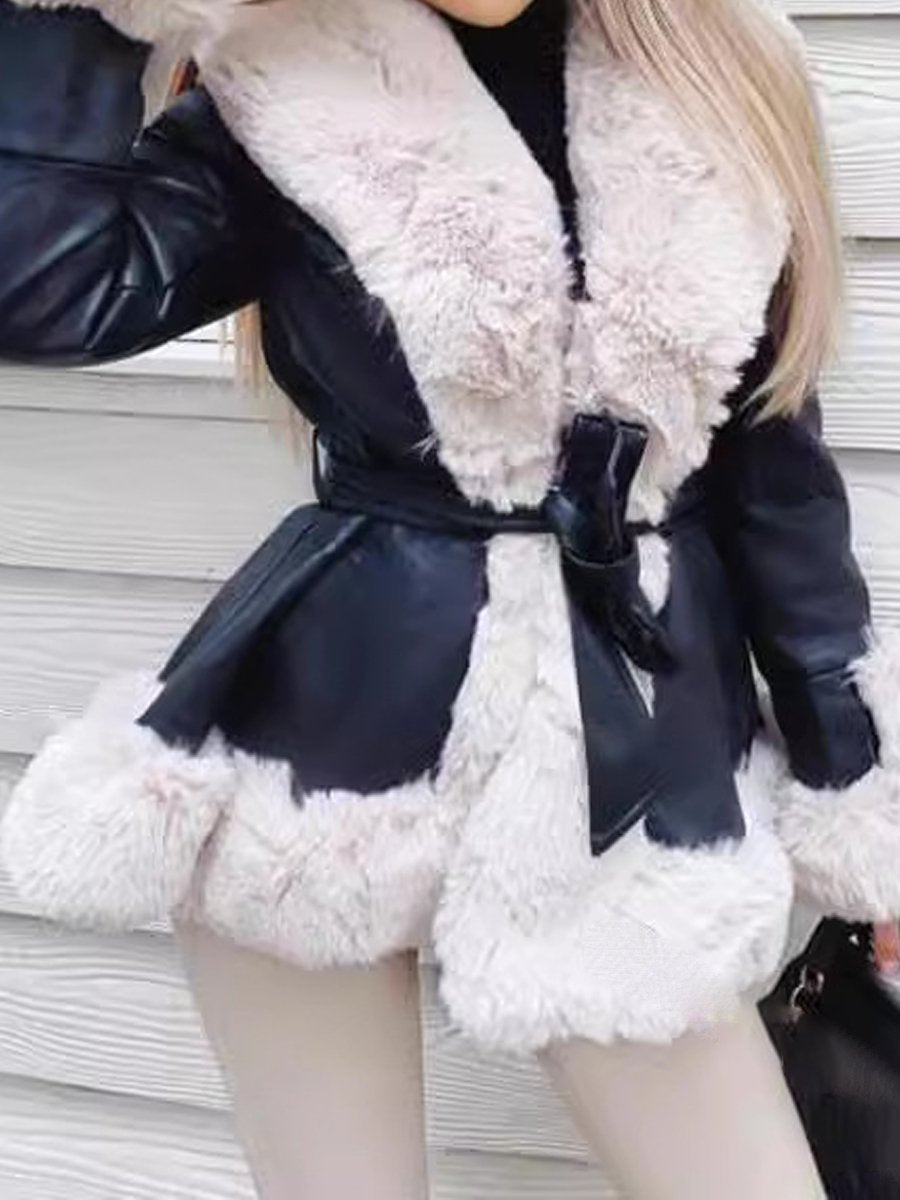 Faux Fur Trim Peplum Belted Coat