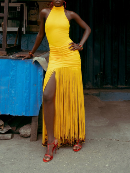 Sleeveless Fringed Wood Beaded Pendant Dress