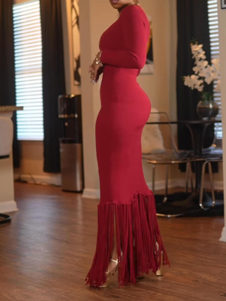 V-Neck Fringed Knit Dress