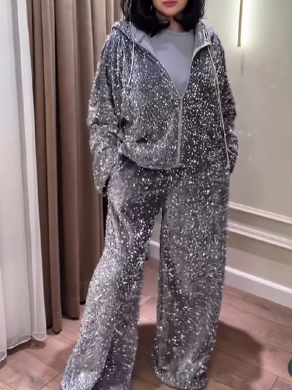 Velvet Sequin Zip Hooded Set