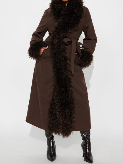 Fur Trim Fashion Belted Long Coat