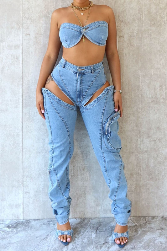 Charming Sexy Wrap Denim Suit