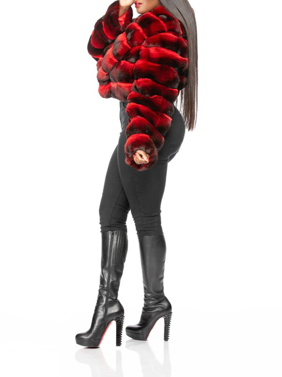 Red-Brown Gradient Patchwork Faux Fur Cropped Coat