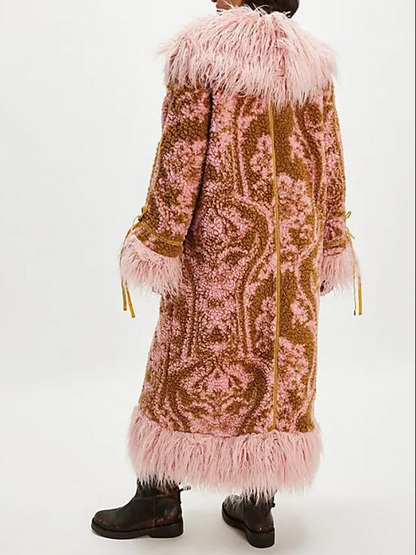 Printed Lambskin Faux Fur-Trim Coat