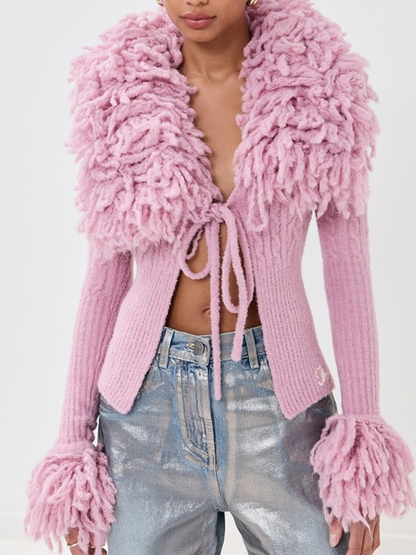 Ribbed And Fringed Knit Coat