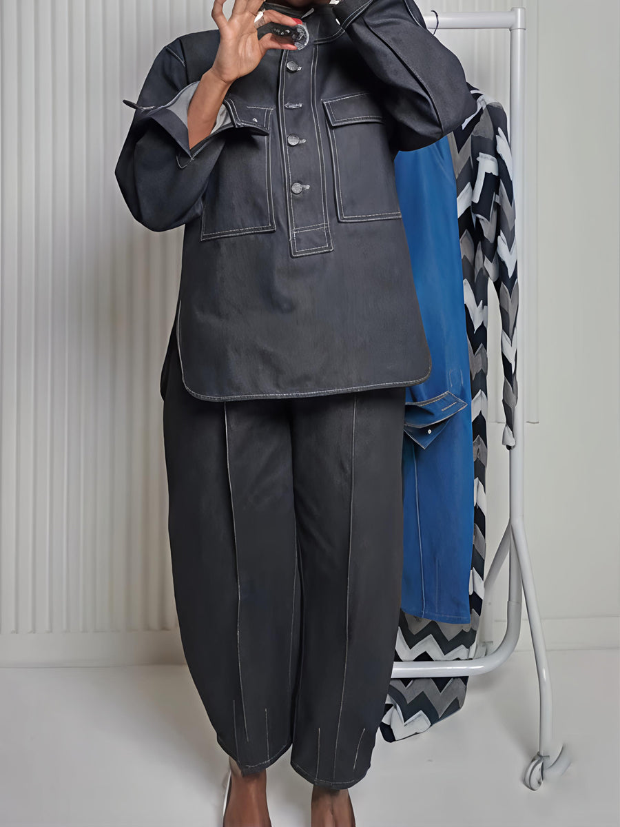 Denim Stand Collar Pockets Two Pieces Set