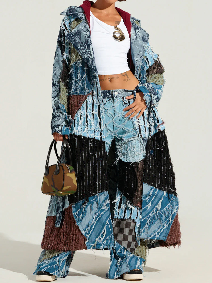 Denim Distressed Patchwork Trench & Pants