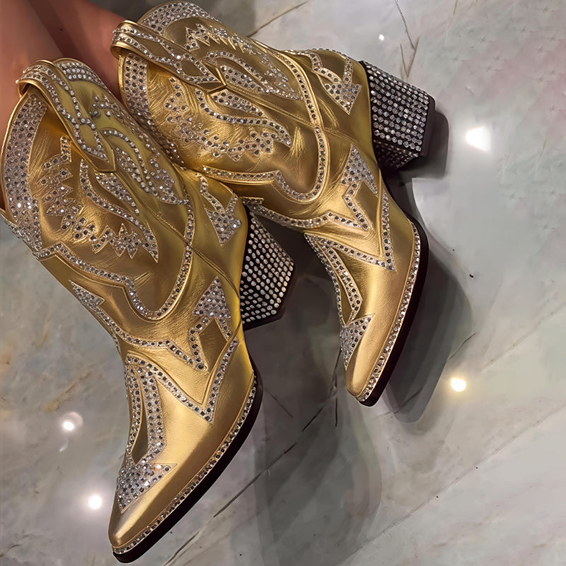 Crystal Stud Detailing Mid-heel Pointed Toe Western Boots