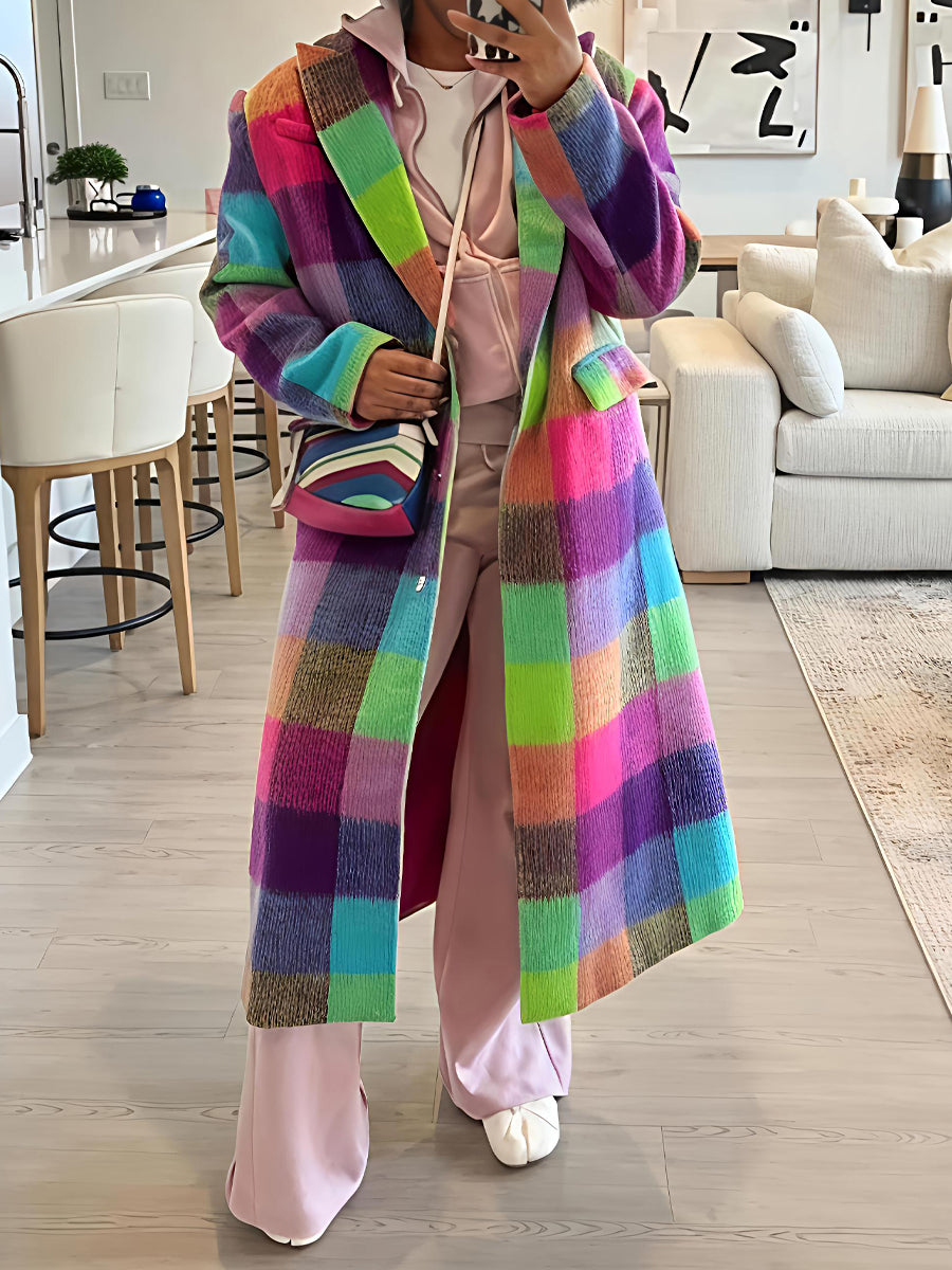 Multi Check Single Breasted Oversized Coat