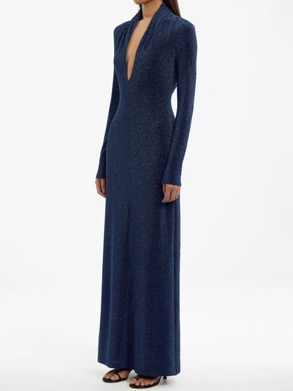 Plunge Neck Long Sleeve Open Back Maxi Dress