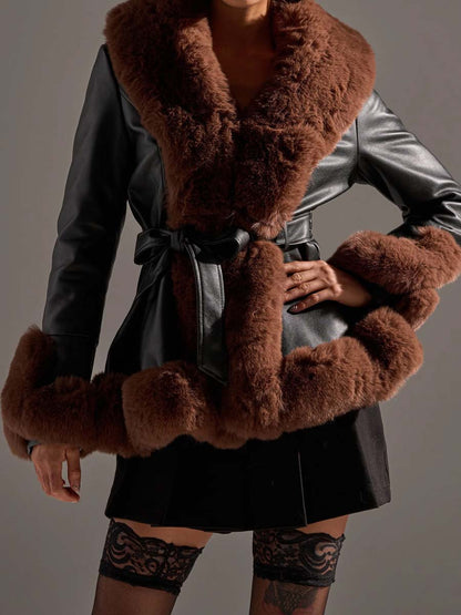 Faux Fur Trim Peplum Waist Warm Coat