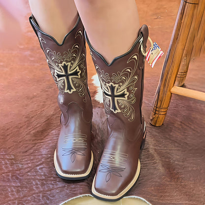 Square-toed Embroidered Leather Western Boots