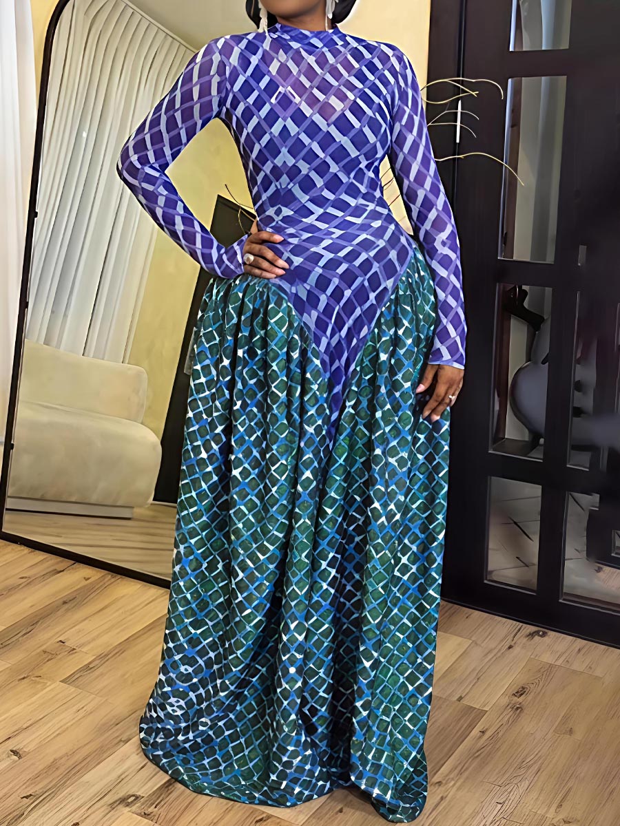 Printed Long Sleeve Patchwork Maxi Dress