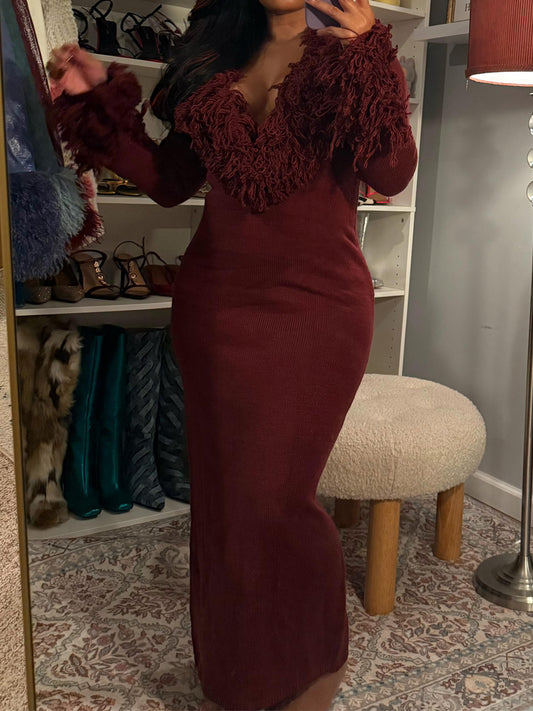 Deep V-Neck Faux Fur Trim Sweater Maxi Dress