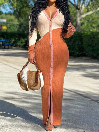 Knitted Color Block Long Sleeve Maxi Dress