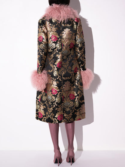 Detachable Faux Fur Patchwork Floral Print Coat