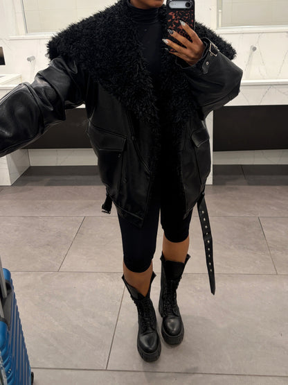 Faux Leather Shearling Fur Bomber Jacket