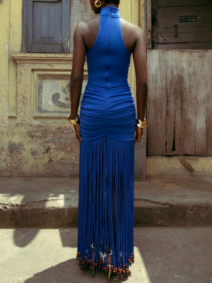 Sleeveless Fringed Wood Beaded Pendant Dress