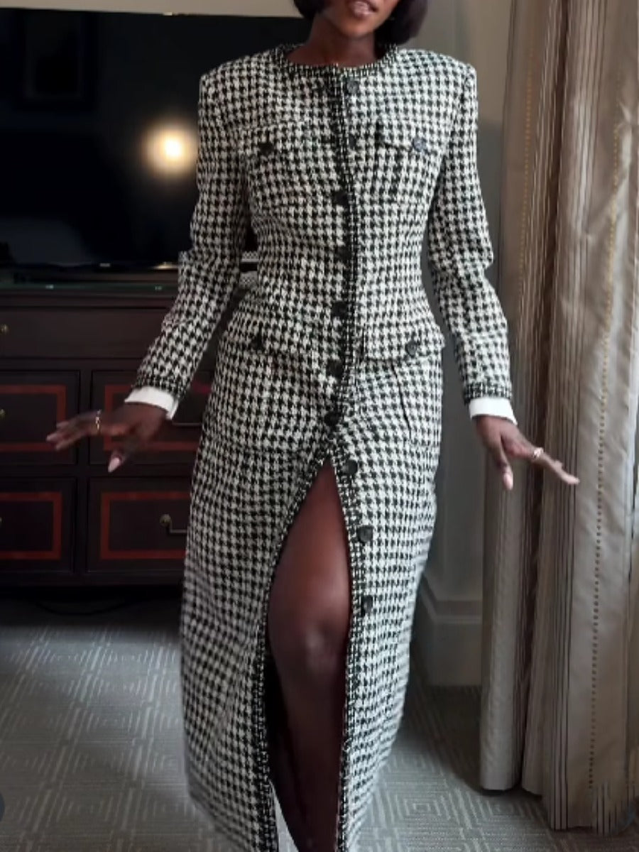 Tweed Button-Up Contrast Dress