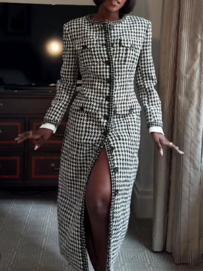 Tweed Button-Up Contrast Dress