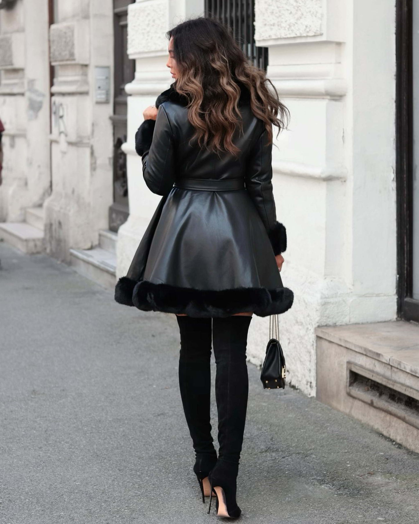 Long Coat Black Smooth Faux Leather & Fur