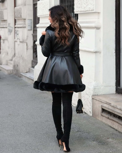 Long Coat Black Smooth Faux Leather & Fur