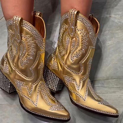 Crystal Stud Detailing Mid-heel Pointed Toe Western Boots