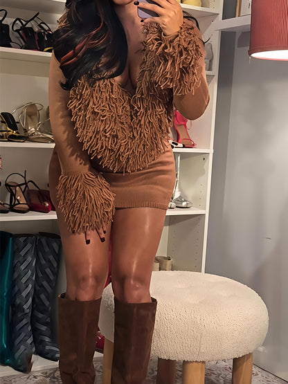 Faux Fur Trim Deep V-Neck Sweater Mini Dress