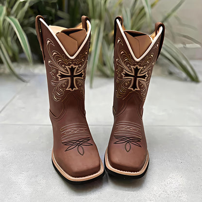 Square-toed Embroidered Leather Western Boots
