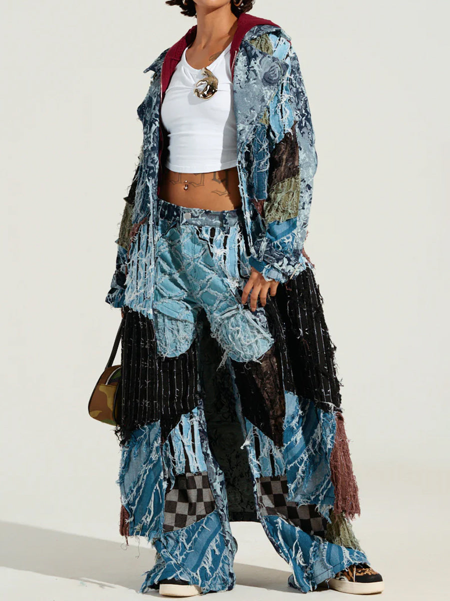 Denim Distressed Patchwork Trench & Pants