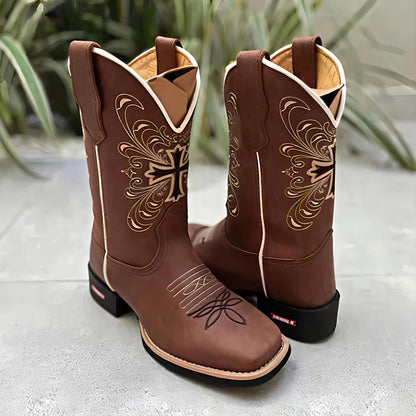 Square-toed Embroidered Leather Western Boots