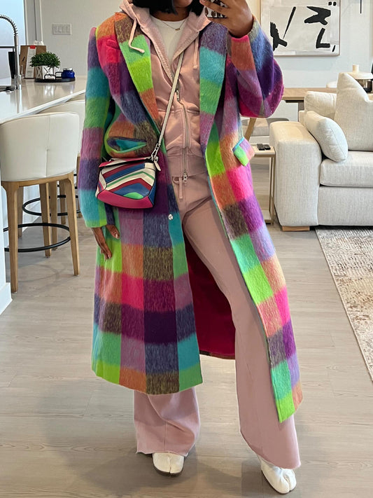 Multi Check Single Breasted Oversized Coat