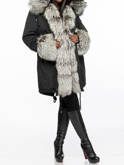 Faux Fox Fur Warm Hooded Collar Fur Coat