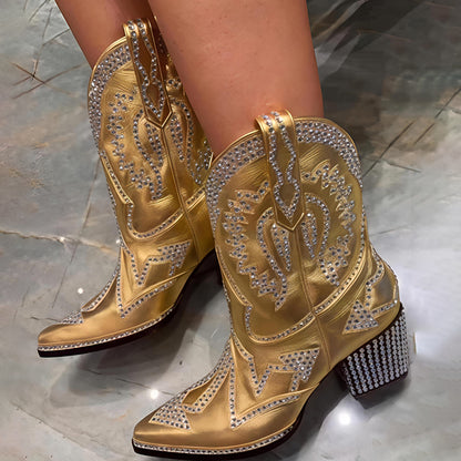 Crystal Stud Detailing Mid-heel Pointed Toe Western Boots