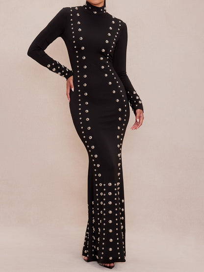 Elegant Mock Neck Studded Maxi Dress