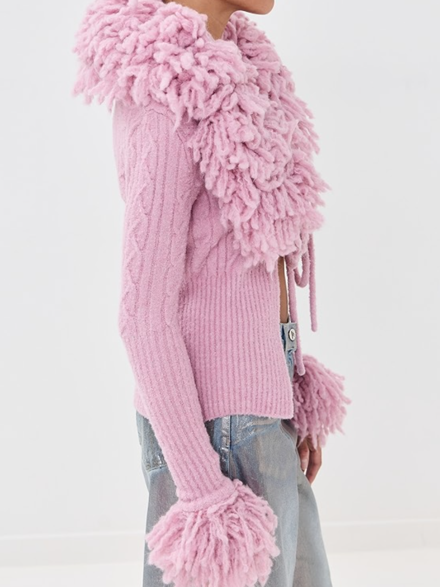 Ribbed And Fringed Knit Coat