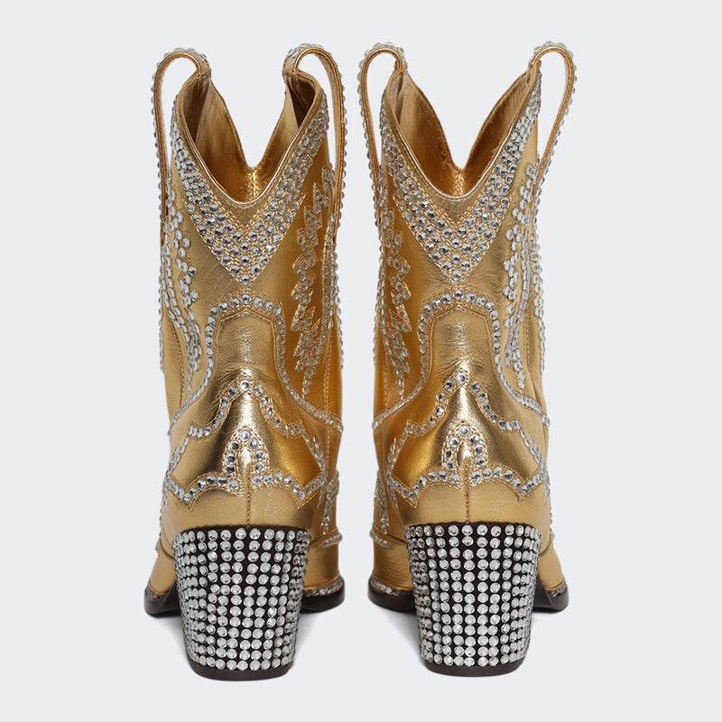 Crystal Stud Detailing Mid-heel Pointed Toe Western Boots