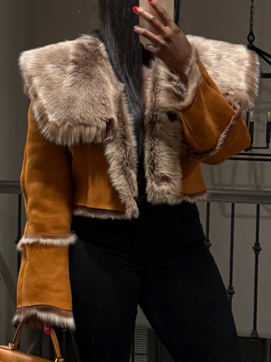 Faux Fox Fur Trimmed Hooded Collar Coat