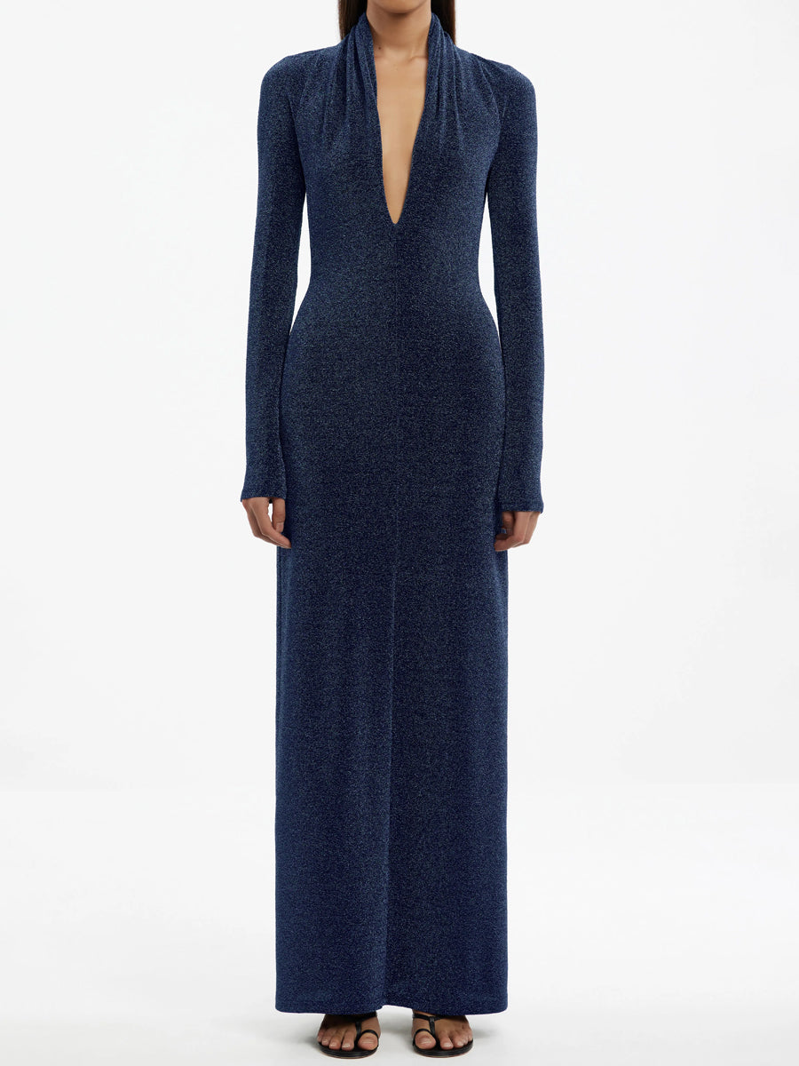 Plunge Neck Long Sleeve Open Back Maxi Dress