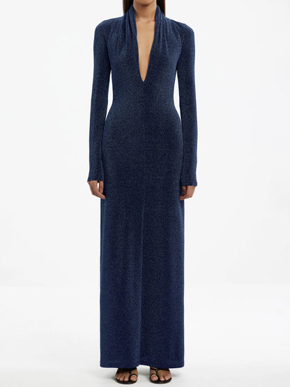 Plunge Neck Long Sleeve Open Back Maxi Dress