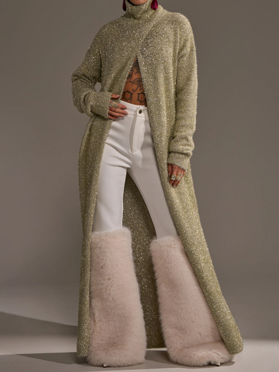 Ribbed Knit Mock Neck Metallic Sweater