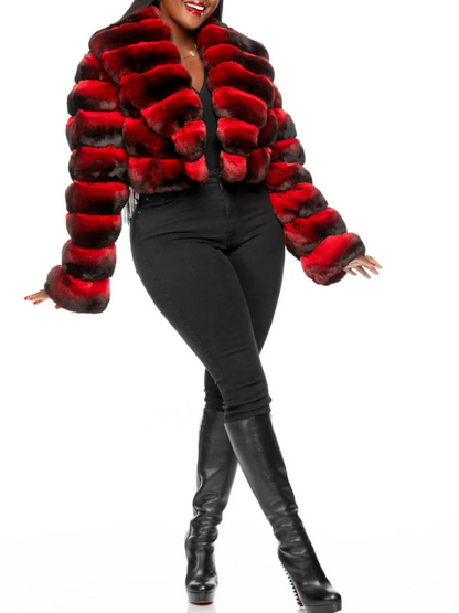 Red-Brown Gradient Patchwork Faux Fur Cropped Coat