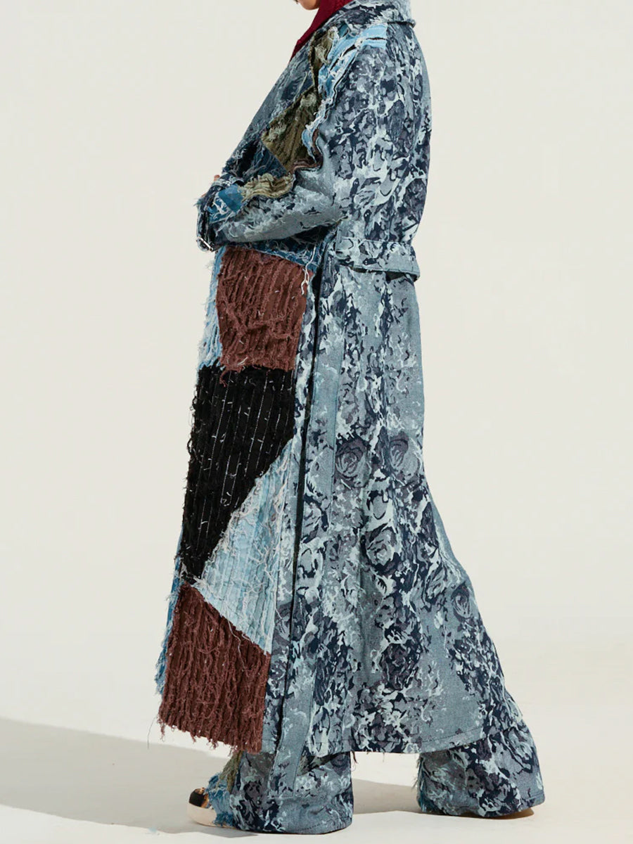 Denim Distressed Patchwork Trench & Pants