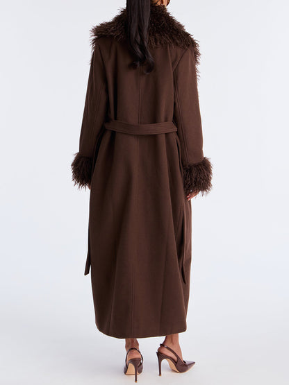 Fur Trim Fashion Belted Long Coat