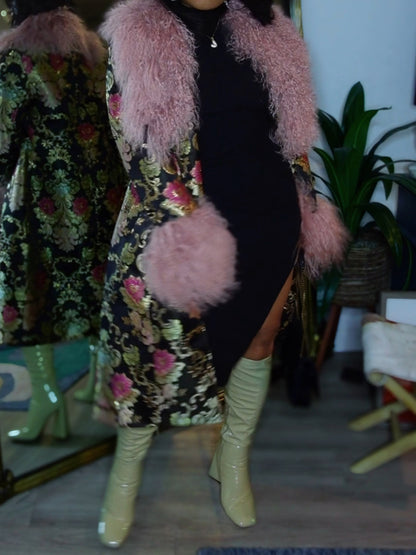 Detachable Faux Fur Patchwork Floral Print Coat