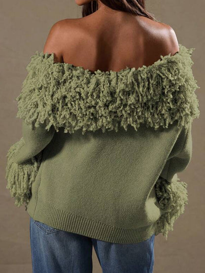 Knitted Skew Neck Tassels Top