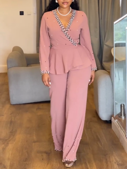 Pink Slim V-Neck Two-Piece Set